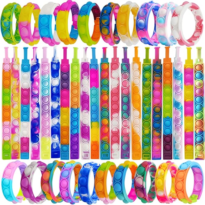 60Pcs Pop Bracelet Bubble Fidget Toys, Hand Finger Press Multicolor Silicone Wristband Toy for Classroom Prizes, Stress Reliever Fidget Bulk for Kids and Adults