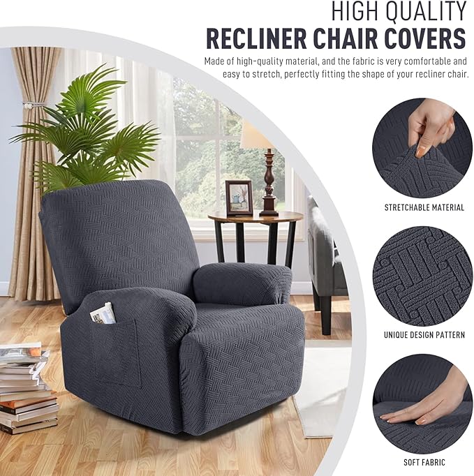 KinCam Recliner Covers, Stretch Reclining Chair Covers, Recliner Sofa Slipcovers Stripe Jacquard Recliner Couch Covers Furniture Protector Covers for Pet Kid (1 XL Seater, Charcoal Gray)