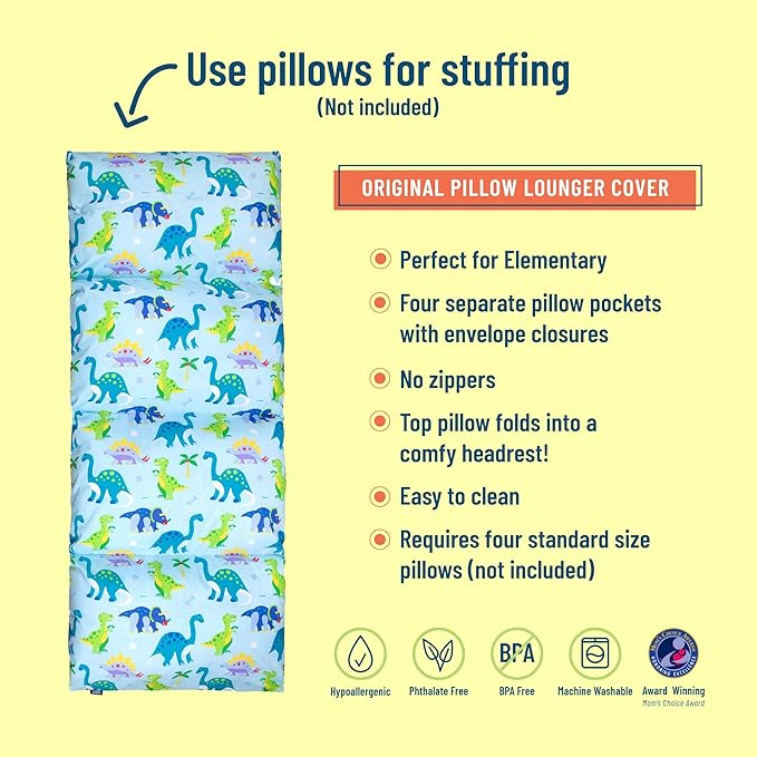Wildkin Kids Floor Lounger: Ideal for Boys and Girls, Travel-Friendly, Perfect for Sleepovers - Pillow Lounger for Kids, Requires Standard Size Pillows Not Included (Dinosaur Land)