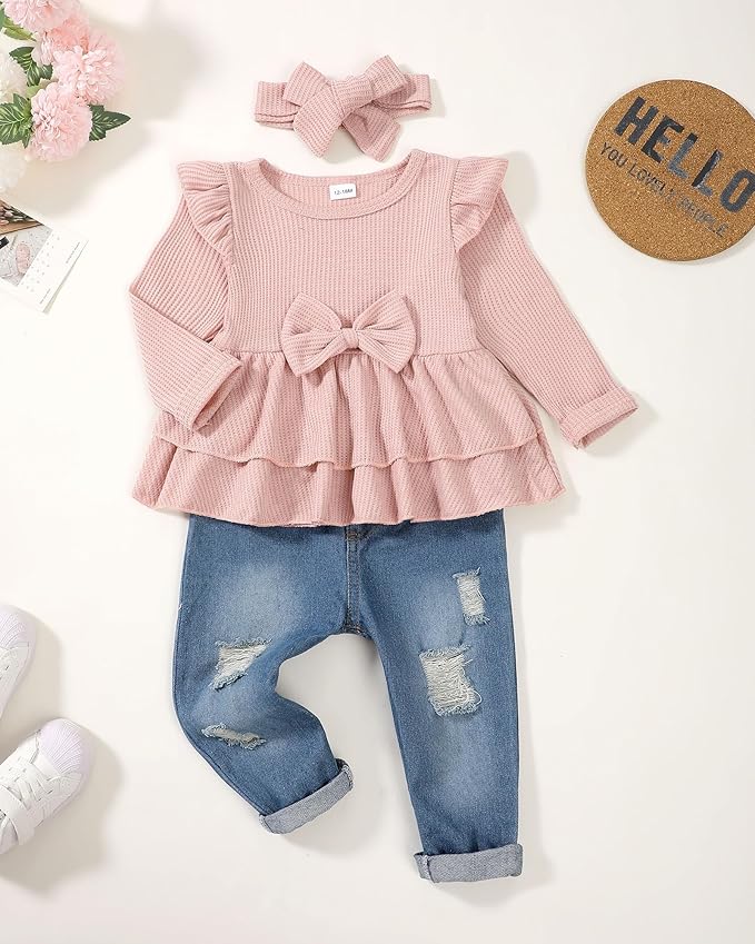 Mioglrie Toddler Baby Girl Clothes 2T 3T 4T 12 18 24 Months Toddler Fall Winter Girls Outfit Jeans Pants Clothing Set