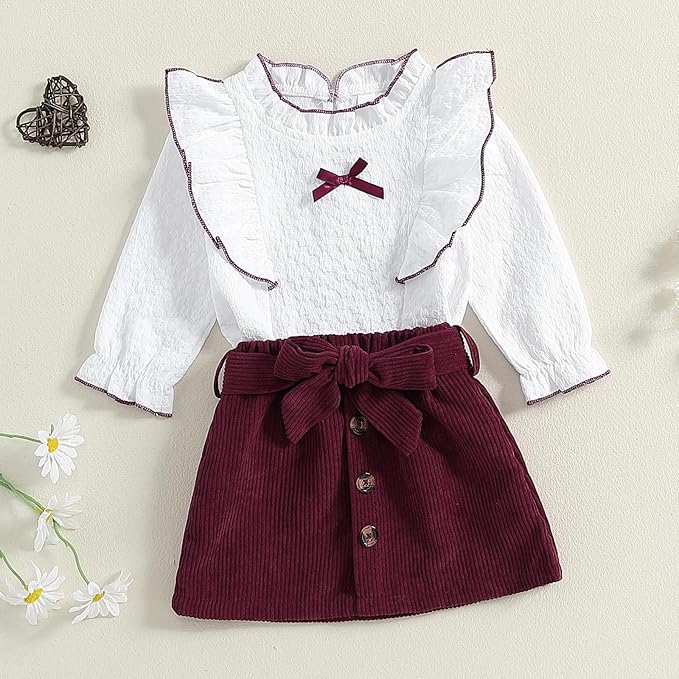 Fernvia Toddler Baby Girl Fall Winter Skirt Set Turtleneck Ribbed Long Sleeve T-Shirt Top & Plaid Skirts Dress 2Pcs Outfits