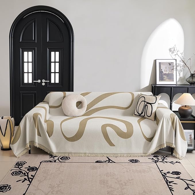 MYSKY HOME Couch Cover for 3 Cushion Couch Sofa Cover, Super Soft Boho Couch Covers for Dogs Washable, Jacquard Sofa Slipcover Furniture Protector for Living Room, 91" x 134", Khaki Curve