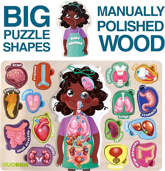 QUOKKA Wooden Puzzles for Kids Ages 18+ Months in a Bag – Montessori Toddlers Puzzles Ages 1-2 – Preschool Game to Learn Human Body Parts Anatomy Skeleton – Educational Toys for Boy & Girl