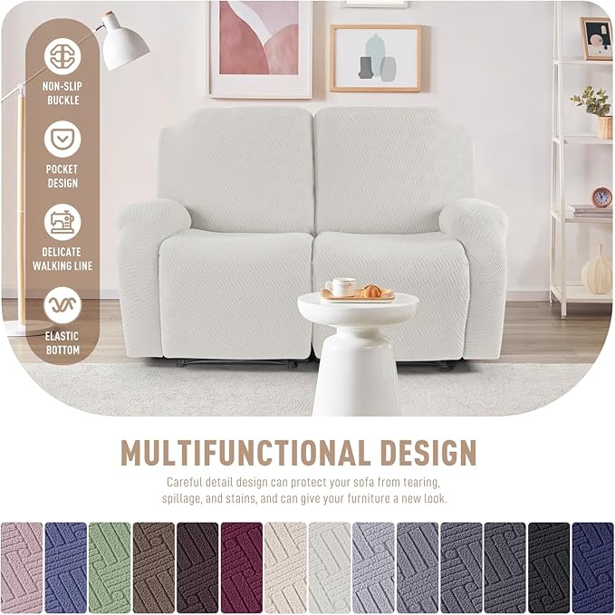 KinCam Recliner Covers, Stretch Reclining Chair Covers, Recliner Sofa Slipcovers Stripe Jacquard Recliner Couch Covers Furniture Protector Covers for Pet Kid (2 Seater, Cream)