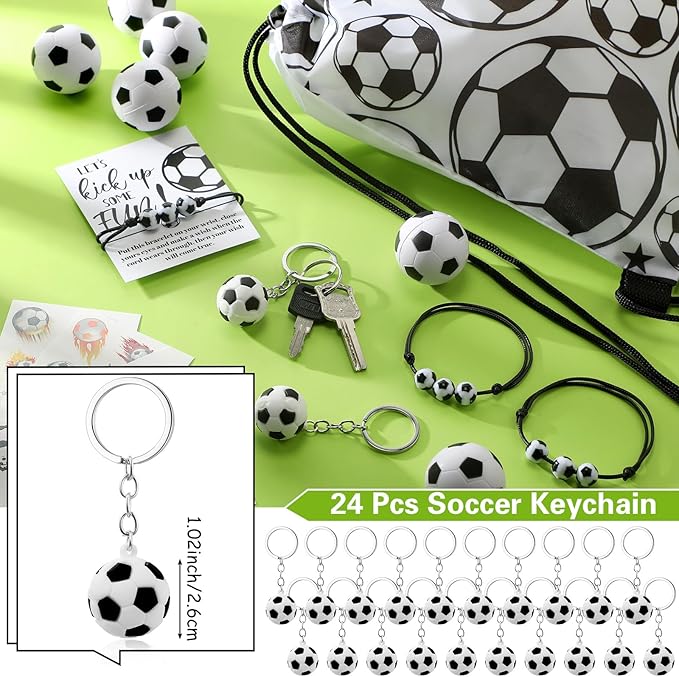 144 Pcs Soccer Party Favors Soccer Drawstring Bags with Adjustable Bracelets Stress Balls Soccer Keychains Stickers and Wish Cards for Birthday Gifts Kids Soccer Themed Party Supplies