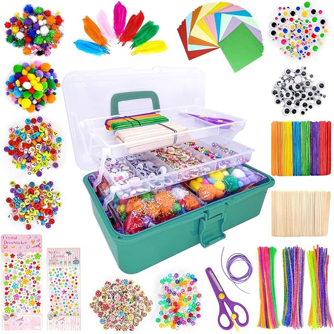 1405 Pcs Art and Craft Supplies for Boys and Girls, Toddler DIY Craft Art Supply Set Included Pipe Cleaners, Pom Poms, Feather, Folding Storage Box - All in One for Craft DIY Art Supplies(Green Box)