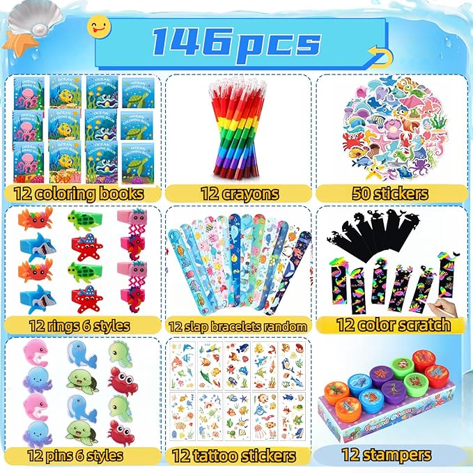 146Pcs Ocean Party Favors for Toddlers Kids 4-8 Under The Sea Animals Coloring Books with Crayons Bulk Birthday Supplies Tattoo Stickers Stamper Bracelets School Classroom Reward Gift Goodie Bags