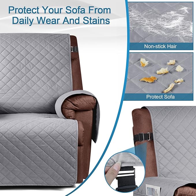 KinCam 100% Waterproof Recliner Chair Cover, Reclining Couch Covers for Pets, Dogs, Recliner Couch Slipcover Furniture Protector with Elastic Straps for Kids(30", Light Gray)