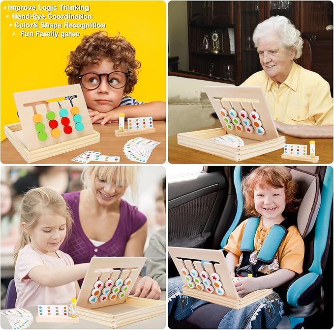 Montessori Learning Toys Slide Puzzle Color & Shape Matching Brain Teasers Logic Game Preschool Educational Wooden Toys for Kids Boys Girls Age 3 4 5 6 7 Years Old Airplane Travel Toys Birthday Gifts