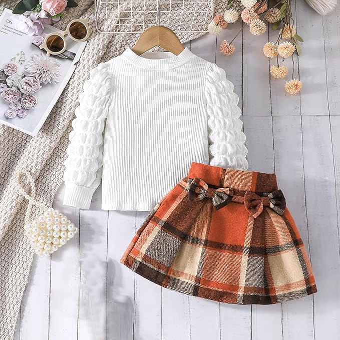 Fernvia Toddler Baby Girl Fall Winter Skirt Set Turtleneck Ribbed Long Sleeve T-Shirt Top & Plaid Skirts Dress 2Pcs Outfits