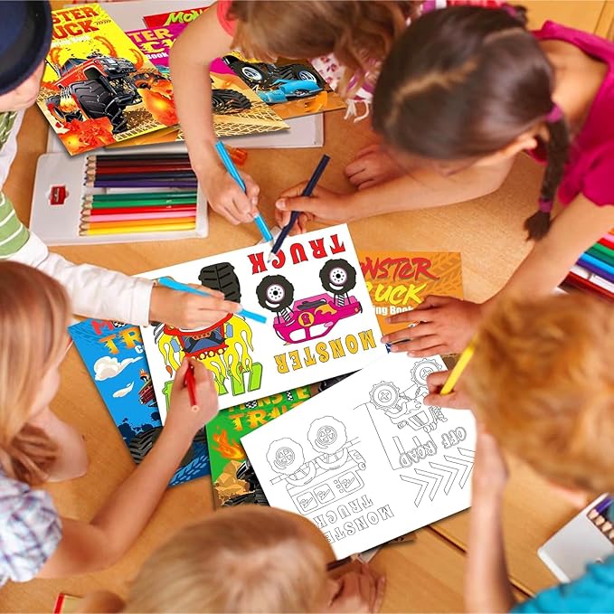 142Pcs Monster Trucks Party Favors for Toddlers Kids 4-8 Truck Car Toys Coloring Books with Crayons Bulk Birthday Supplies Tattoo Stickers Stamper Bracelets Keychain School Classroom Gift Goodie Bags