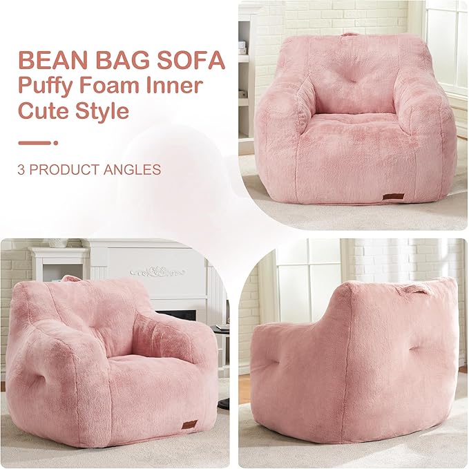 Bean Bag Sofa Chairs for Adults Comfy Bean Bag Sofa Fluffy Beanbag Chair Plush Chair Big Bubble Foam Sofa with Filler with Armrest for Apartment, Dorm, Living Room, Bedroom (Pink)