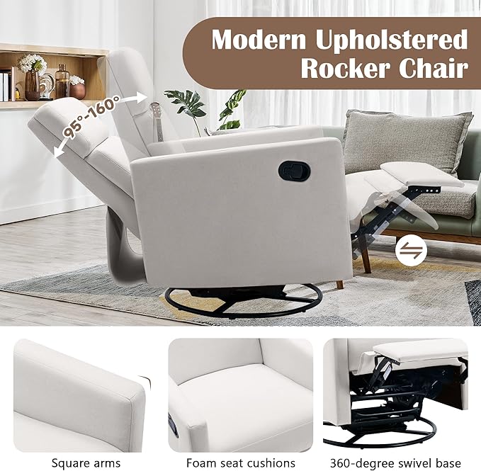 Modern Mid Century Upholstered Recliner Chair with Thick Seat Cushion and Backrest Wood Accent Armchair for Living Room, Bedroom, Home Office Beige