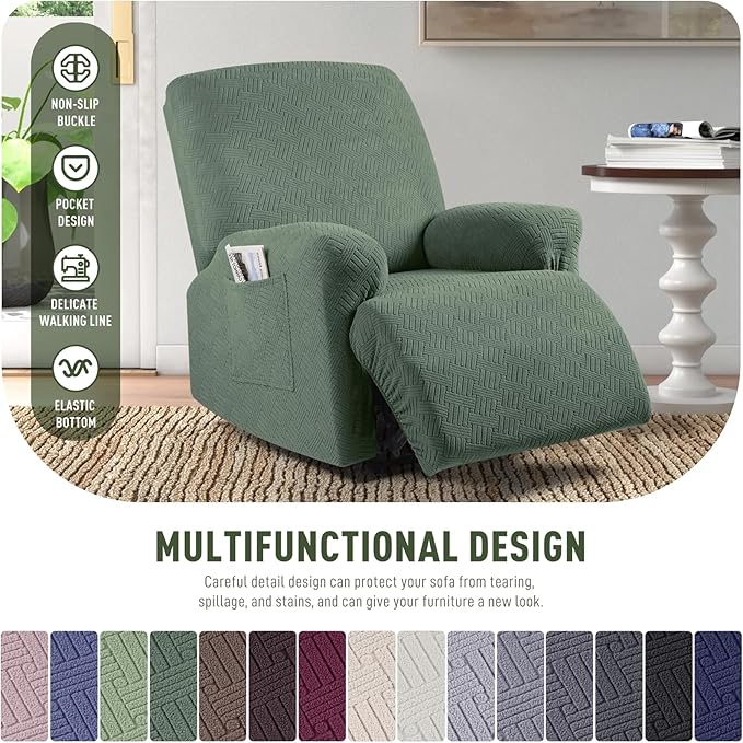 KinCam Recliner Covers, Stretch Reclining Chair Covers, Recliner Sofa Slipcovers Stripe Jacquard Recliner Couch Covers Furniture Protector Covers for Pet Kid (1 Seater, Greyish Green)