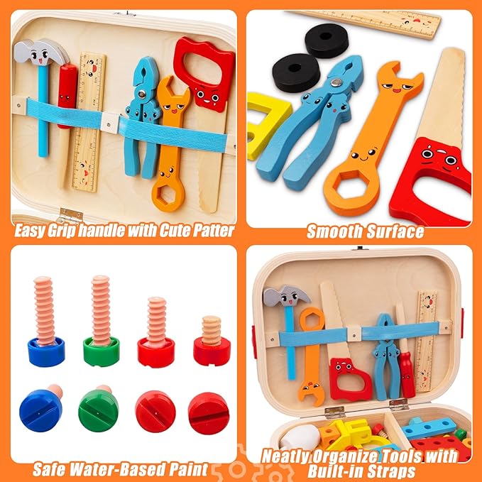 56 Pcs Kids Tool Set for Toddlers, Montessori Educational STEM Toys, Construction Learning Toys with Tool Box, Wooden Building Kit for 3 4 5 6 7 8 9 10 Years Old Boys Girls Birthday Gifts