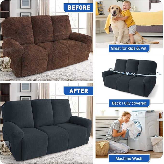 MAXIJIN Waterproof Recliner Couch Cover 5 Pieces Recliner Sofa Covers 3 Seater, Reclining Couch Furniture Protector with Elastic Straps & Pockets for Pet, Kids (Sofa Recliner, Dark Gray)