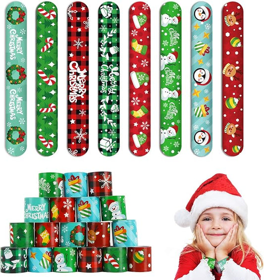 KIMOBER 48PCS Christmas Slap Bracelets,Assorted Snap Wristbands with Xmas Elements for Kids Party Favors