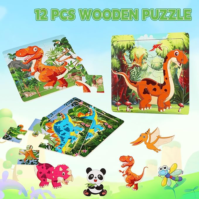 SANNIX 12 Pack Dinosaurs Animals Jigsaw Puzzles with 12 Organize Bags Wooden Dinosaurs Toddlers Puzzles for Kids Ages 3-6 Party Favors Educational Learning Travel Toys for Boys and Girls