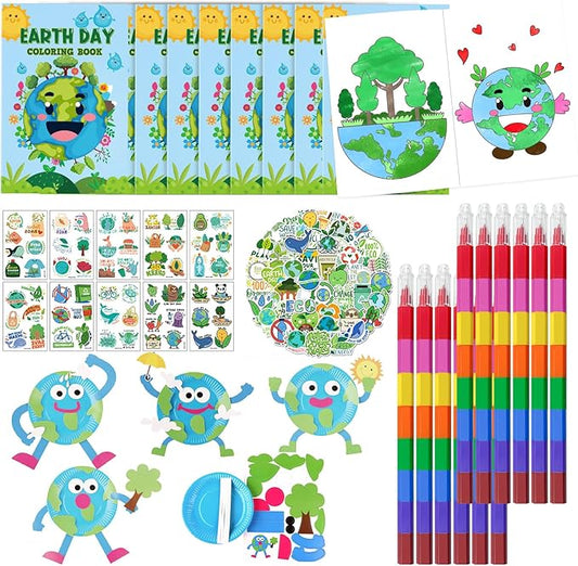 Cinrobiye 72 Pcs Earth Day Party Favors Gifts,Save the Planet Coloring Books with Stacking Crayons,Earth Party Crafts DIY Kit,Travel Party Stickers World Environment Day Decorations for Classroom
