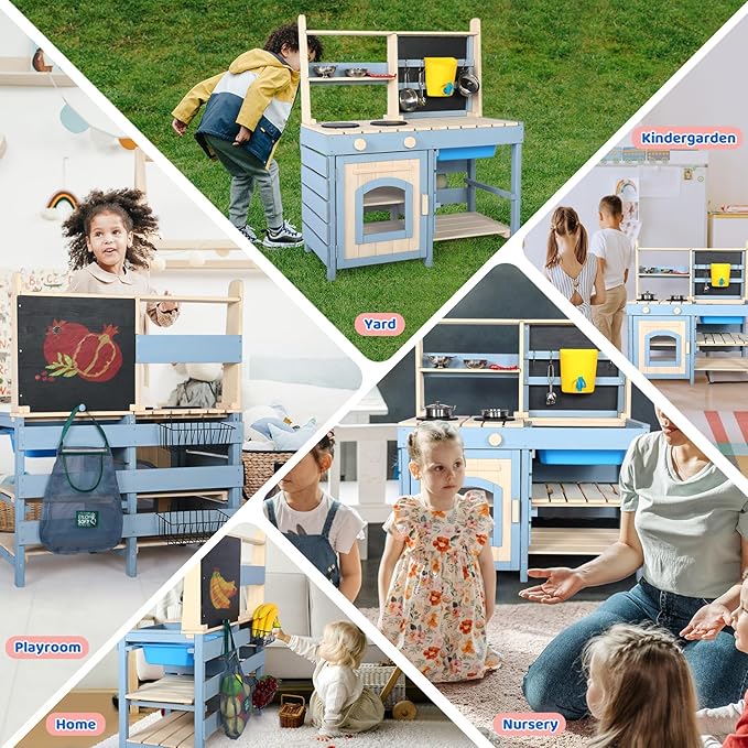 2 in 1 Wooden Mud Kitchen, Outdoor Play Kitchen with Removable Sink,Water Box & Faucet,Stove Top, Storage Bags& Metal Basket,Kitchen & Grocery Store Backyard Outdoor Pretend Kitchen for Kids