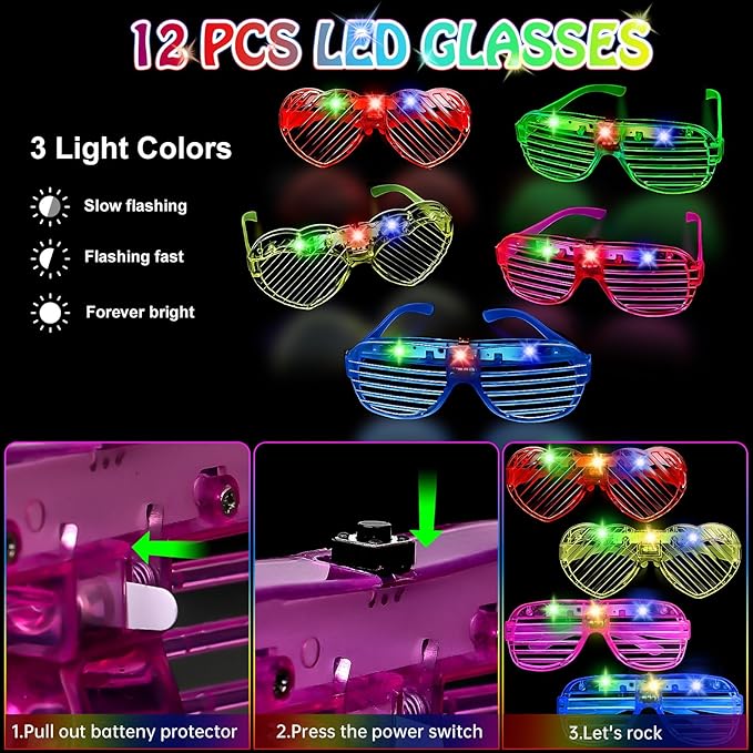 156 PCS Glow in the Dark Party Supplies, 12 Light Up Pop Tubes, 12 LED Glasses, 12 Light Up Headband, 20 Finger Lights and 100 Glow Sticks, Neon Party Favors for Glow Party, Birthday