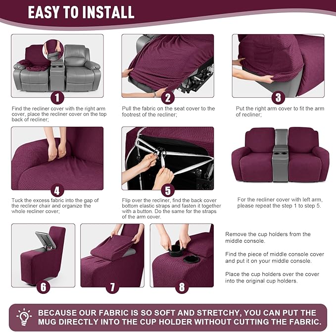 KinCam Loveseat Recliner Covers with Middle Console Slipcover, Recliner Sofa Covers 2 Seat Couch Cover Stripe Jacquard Furniture Protector Covers with Elastic Bottom for Kids, Pets (Burgundy)