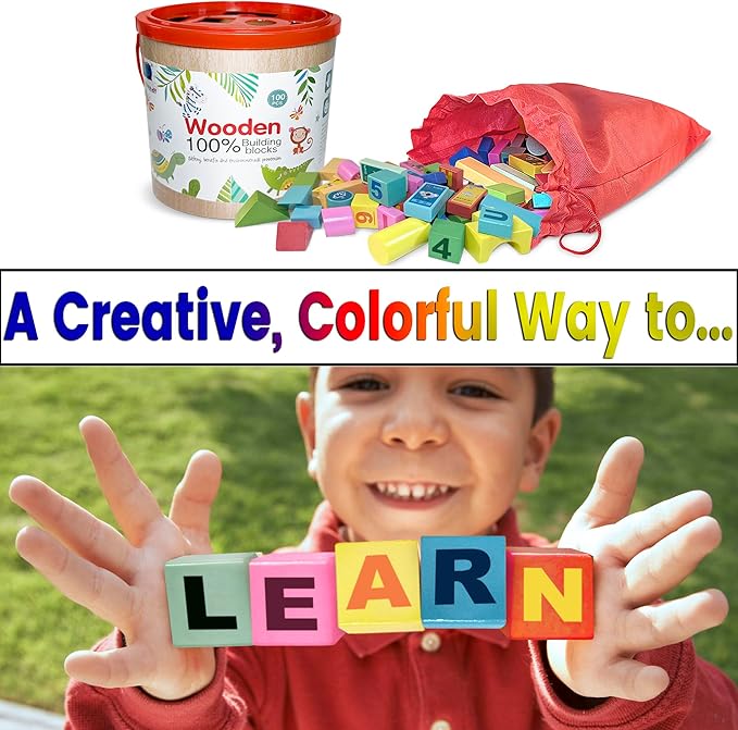 Wooden Blocks Set for Toddlers, Preschoolers, Educational Building Toys, Multicolor, with Storage Bucket and Bag., Medium, WB002
