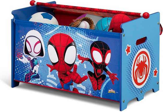 Delta Children - Marvel Spidey and His Amazing Friends 4-Piece Toddler Room-in-a-Box Set – Includes Sleep and Play Toddler Bed, Table, 1 Chair and Toy Box, Blue/Red
