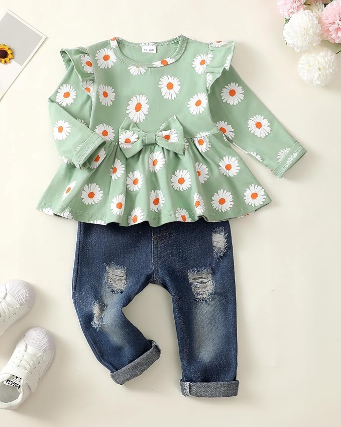 Mioglrie Toddler Baby Girl Clothes 2T 3T 4T 12 18 24 Months Toddler Fall Winter Girls Outfit Jeans Pants Clothing Set