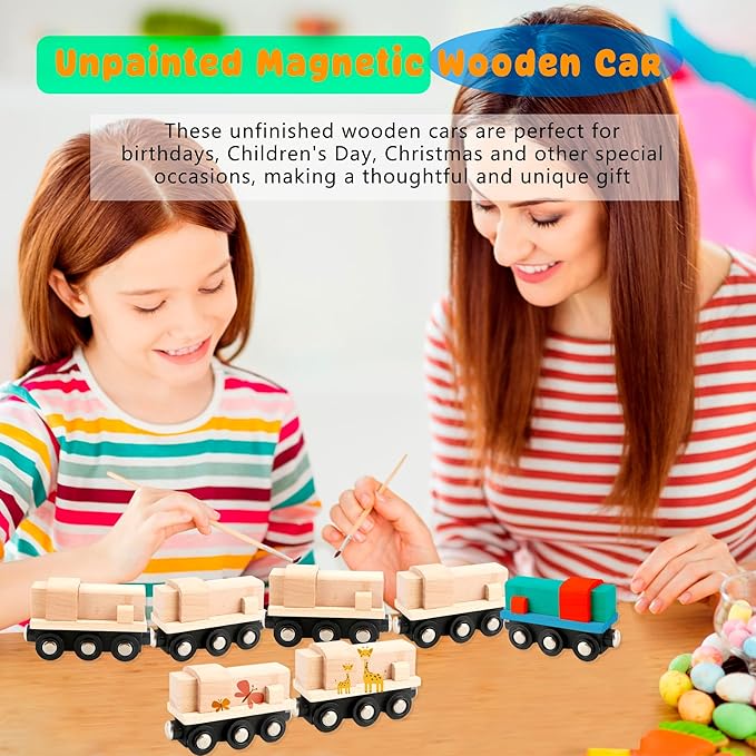 12 Pcs Wooden Trains Toys Unpainted Wood Train Cars Weak Magnetic Suction Paintable Wooden Railway for Kids Educational Toys Birthday Christmas Party Gifts (Style Set 2)