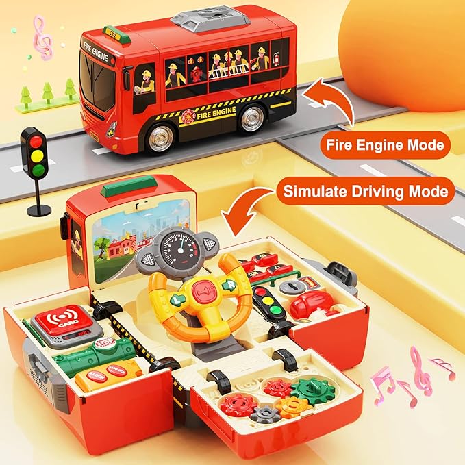 HONGTUO Fire Truck Toys with Teaching Meaning, Simulation Steering Wheel Driving Toy, Toddlers Fire Truck Toy with Sound and Light, Simulate a Rescue fire Scene,Gift for 3-5 Boys & Girls
