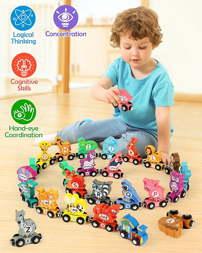 Wooden Alphabet Train Set for Toddlers – Magnetic ABC Train with Snap-Connection, Animal-Themed Educational Preschool Toy for Kids Ages 3-5, Montessori STEM Learning Gift for Boys and Girls