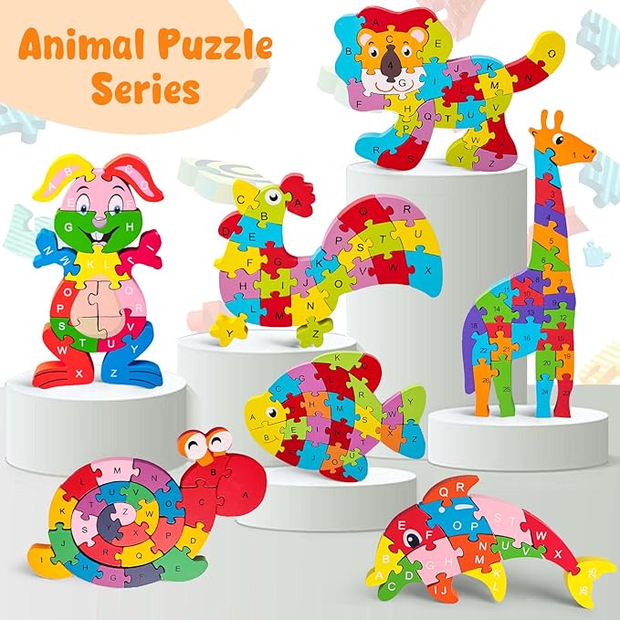 LovesTown Goldfish Wooden Puzzle, 26PCS Jigsaw Puzzle Alphabet and Number Building Blocks for Kids Toddler Preschool