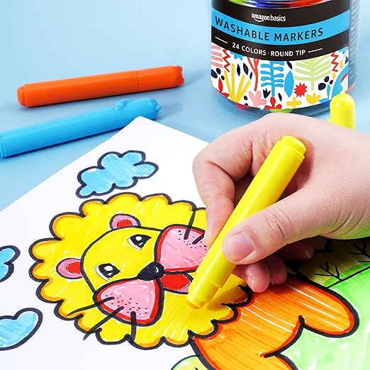 Amazon Basics Washable Markers for Kids, Round Tip Assorted, Pack 24