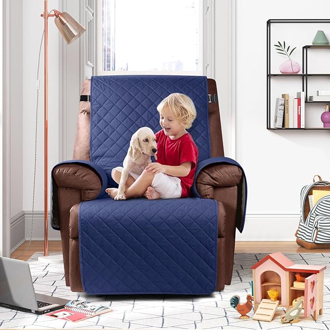 KinCam 100% Waterproof Recliner Chair Cover, Reclining Couch Covers for Pets, Dogs, Recliner Couch Slipcover Furniture Protector with Elastic Straps for Kids(30", Blue)