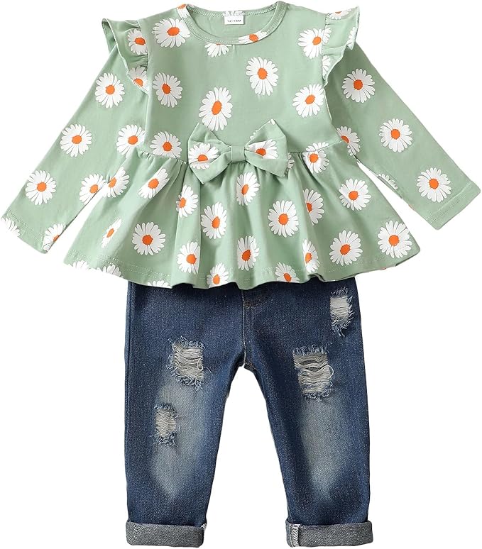 Mioglrie Toddler Baby Girl Clothes 2T 3T 4T 12 18 24 Months Toddler Fall Winter Girls Outfit Jeans Pants Clothing Set
