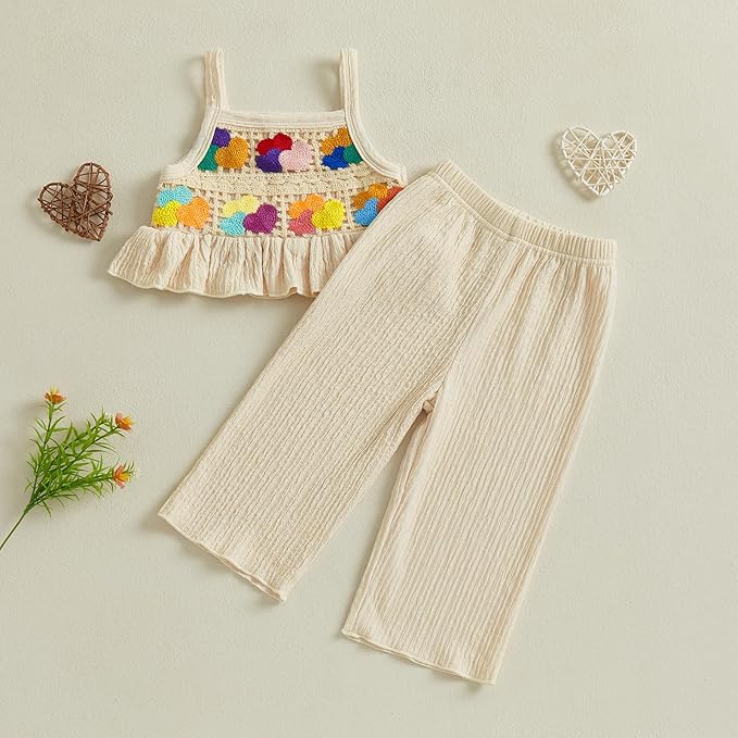 6M-5T Little Girl Clothes Boho Outfit Straps Hearts Shirts Cami Tank Tops Wide Leg Pants Baby Girl Summer Clothes