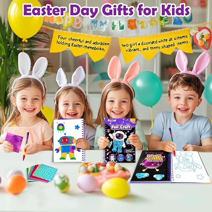 Foil Art Craft Activity for Kids: Fun DIY Toy Sticker Kit, No Mess Creative Travel Supply Set, Idea Birthday Easter Basket Stuffers Valentines Gift for Girl Boy Toddler 4 5 6 7 8 9 Year Old(Space)