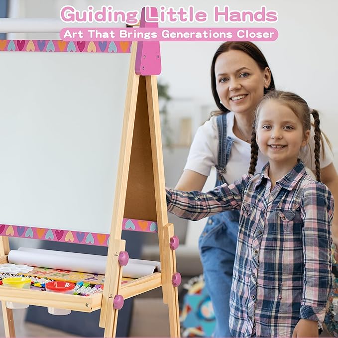 3-in-1 Adjustable Kids Art Easel with Magnetic Whiteboard, Chalkboard & 3 Paper Rolls, All-in-One Double Sided Wooden Painting Easel with Accessories for Toddlers and Kids Ages 3+