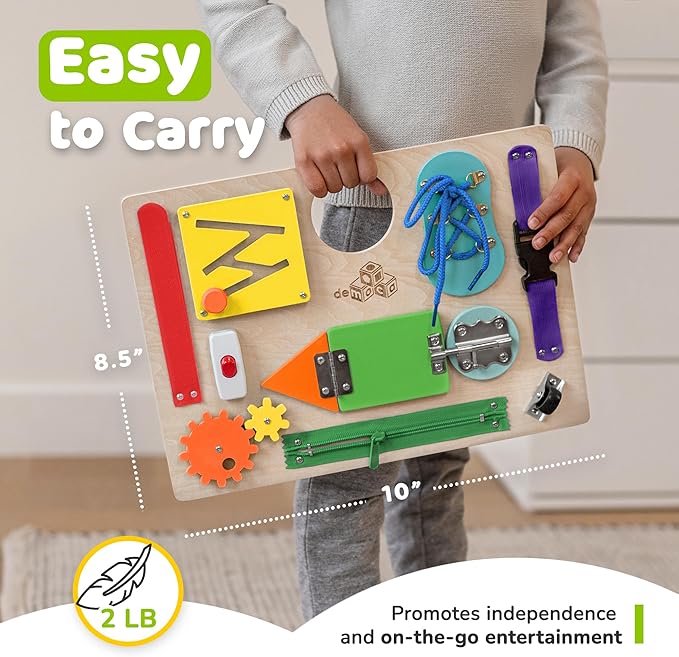 Montessori Busy Board for Toddlers, Wooden Sensory Toddler Busy Board with 10 Preschool Learning Activities for Fine Motor Skills, Activity Kids Travel Toy for Boys & Girls, Packaging May Vary