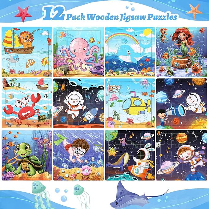 SANNIX 12 Pack Wooden Jigsaw Puzzles with 12 Organize Bags, Ocean and Space Toddlers Puzzles for Kids Ages 3 4 5, Party Favors Educational Learning Travel Toys for Boys Girls