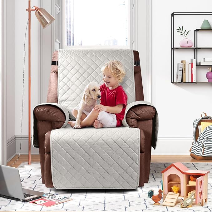 KinCam 100% Waterproof Recliner Chair Cover, Reclining Couch Covers for Pets, Dogs, Recliner Couch Slipcover Furniture Protector with Elastic Straps for Kids(23.6", Beige White)