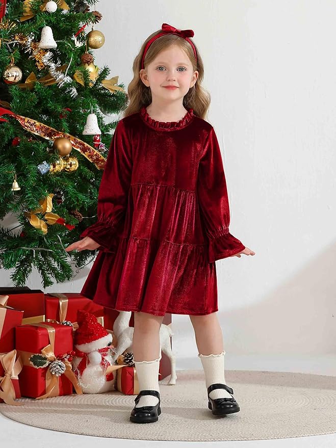 Toddler Baby Girls Velvet Dress Long Sleeve Christmas Dresses Princess Birthday Party Dresses Fall Winter Clothes