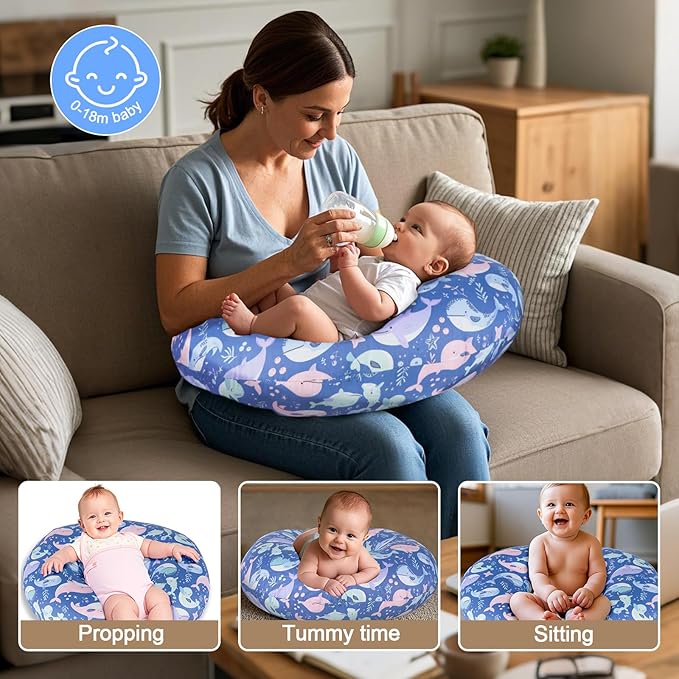 Nursing Pillow, Breastfeeding Pillows with Standard Size Removable Cover, Breast Feeding Pillow with Breathable Filling, Ergonomic Nursing Essentials for Bottle and Breastfeeding- Whale