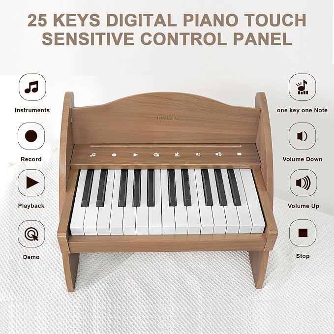 Joyreal Kids Piano Keyboard - 25 Keys Digital Piano Toys with Keyboard Sticker and Touch Sensitive Control Panel,Music Educational Instrument Toy,Wooden Mini Piano Gifts for Girls Boys Ages 3+