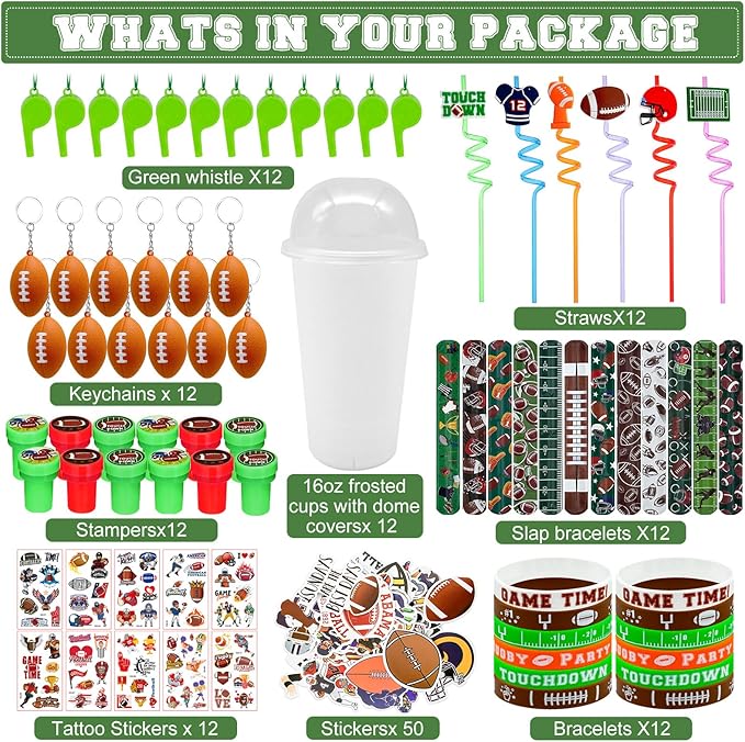 146 Pcs Football Party Favors, Sports Party Supplies with Cup Straw Football Keychain Tattoo Sticker Slap Bracelet Whistle Treat Bag Gifts for Classroom Rewards Football Birthday Party (Football)
