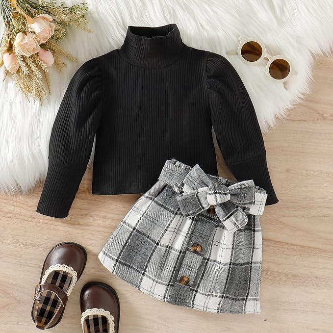 Fernvia Toddler Baby Girl Fall Winter Skirt Set Turtleneck Ribbed Long Sleeve T-Shirt Top & Plaid Skirts Dress 2Pcs Outfits
