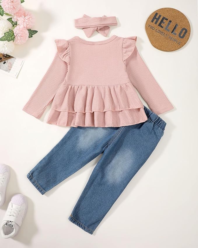 Mioglrie Toddler Baby Girl Clothes 2T 3T 4T 12 18 24 Months Toddler Fall Winter Girls Outfit Jeans Pants Clothing Set