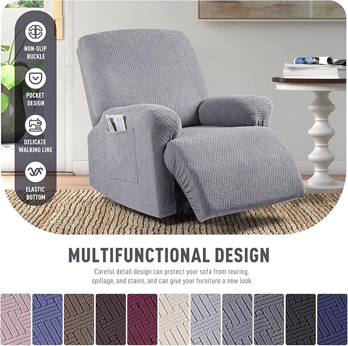 KinCam Recliner Covers, Stretch Reclining Chair Covers, Recliner Sofa Slipcovers Stripe Jacquard Recliner Couch Covers Furniture Protector Covers for Pet Kid (1 Seater, Light Gray)