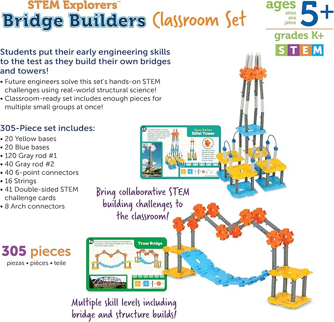 Learning Resources STEM Explorers Bridge Builders Classroom Set, 305 Pieces, Ages 5+, Building Toys, STEM Projects, Science for Kids